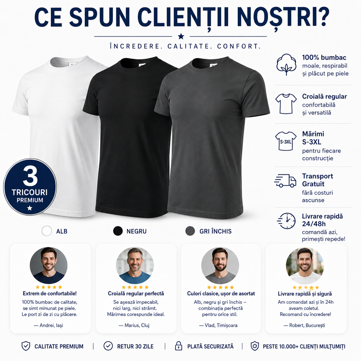 Set tricouri bărbați alb negru gri potrivit pentru cadou și purtare zilnică